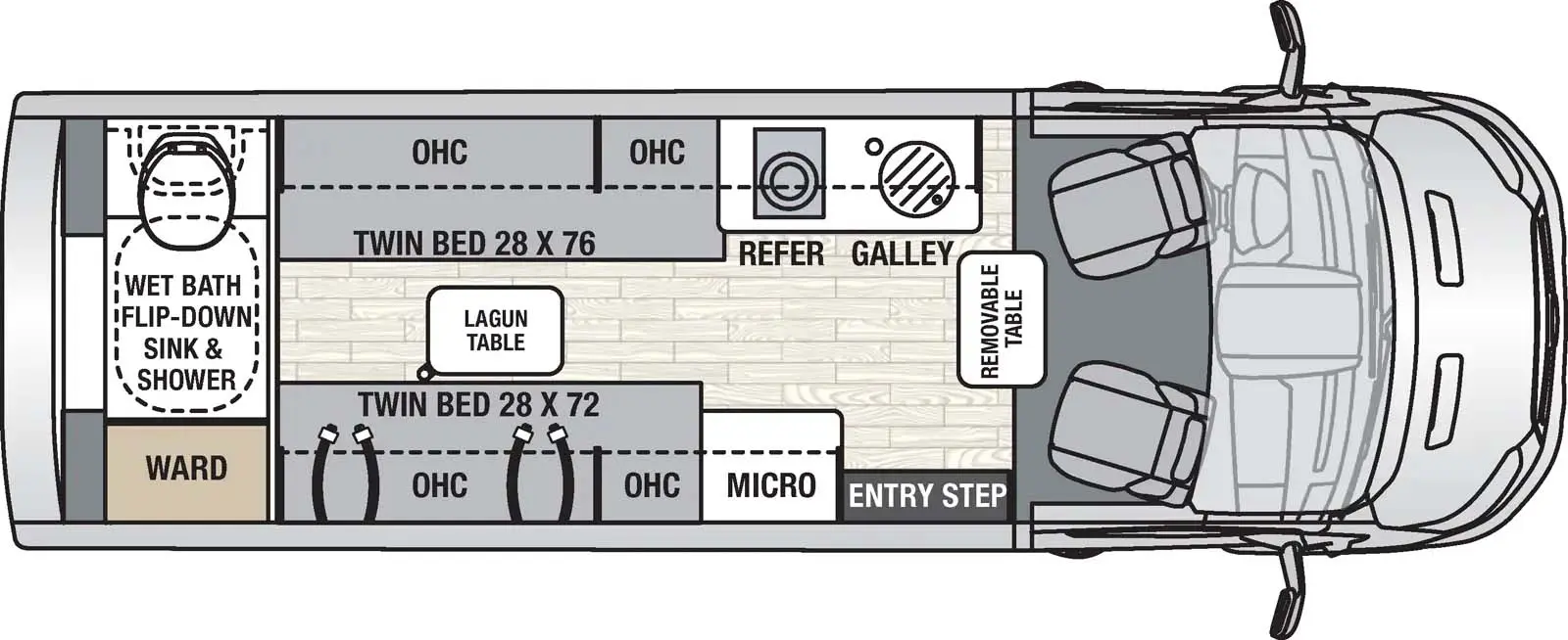 The Beyond 22RB  has 0 slideouts and 1 entry door and rear doors. Interior layout from front to back; removable table; off-door Galley kitchen with LP cooktop, refrigerator and single sink with overhead cabinets; door side near entry steps microwave with overhead cabinets; door side 28 inch by 76 inch twin bed with two seat belts and overhead cabinets; off-door side 28 inch by 76 inch twin bed with overhead cabinets and lagun table; rear wet bath with flip down sink, shower and wardrobe.